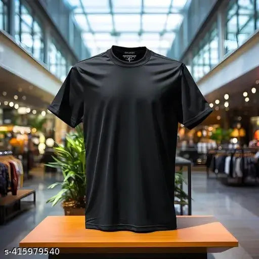 Mens Plans black round neck t-shirts, short sleeved polyester solid color apparel for men on hanger