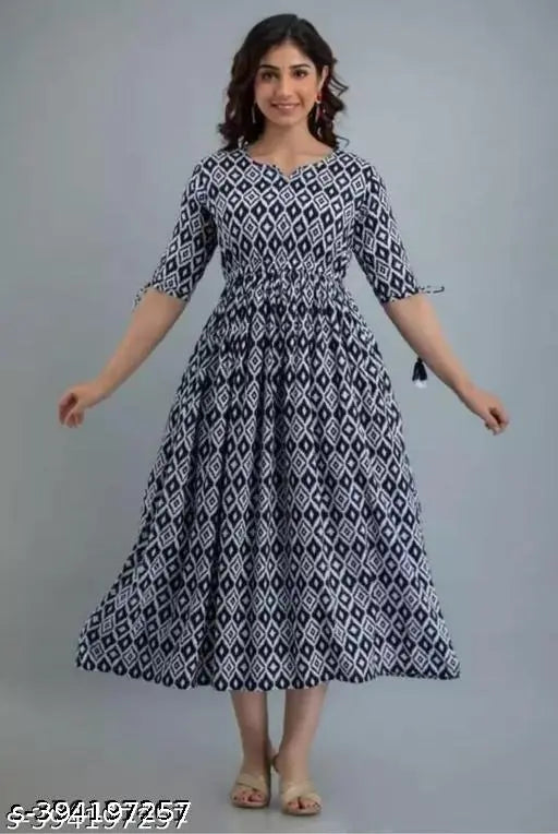 Indigo Illusion Blue Printed Rayon Gown for Women, versatile and elegant ankle-length design, perfect for parties or casual wear