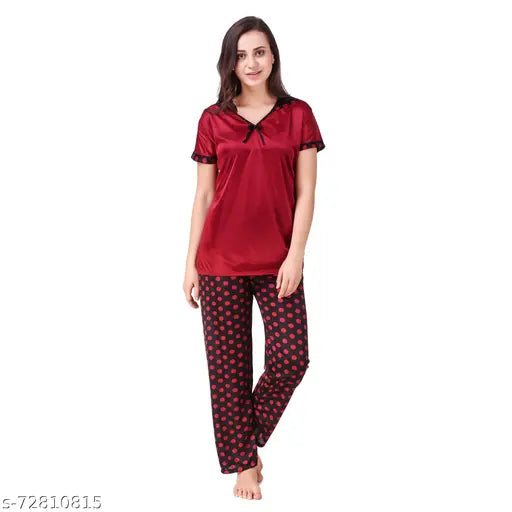 Mafia Western women's satin nightsuit, short-sleeved solid satin pyjama in various sizes (S, M, L), made in India