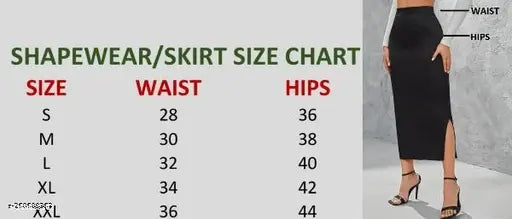 A dark green pencil skirt, bodycon shape, with elastic waist, from the size chart