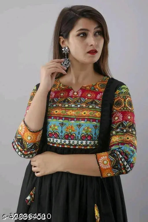 Printed rayon long anarkali kurti, lightweight & comfortable, ideal for casual wear & parties. Ideal size XXXL (bust 46 in), pairs well with leggings, palazzo, accessories. India origin