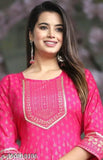 Rayon anarkali kurti with gota work, three-quarter sleeves, printed combo. M (38in bust), L (40in bust), XL (42in bust), XXL, 4XL - Indian women's fashion on model