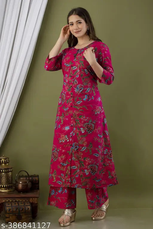 Rayon printed kurta & palazzo set, three-quarter sleeves, Indian traditional wear for women in sizes S-XXL