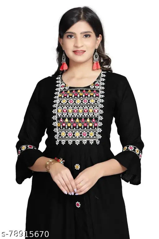 Rayon slub embroidered Naira kurti, three-quarter sleeves, Indian traditional clothing