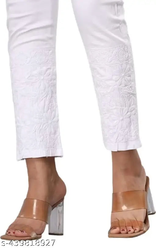 White women's Chikankari cotton Lucknowi pant, intricate embroidery detail on straight cut, India origin