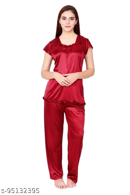 Cotton babydoll satin night suit lingerie set, luxurious sleepwear for women in solid pattern, India origin