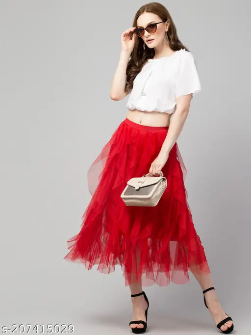 Fruba trendy mesh net flared long frill skirt, solid net fabric with Shantoon lining, three-frill pattern in regular fit. Net skirt size 26/waist 26in, length 35in; also available in sizes 28, 30, 32, 34, and 36. Made in India