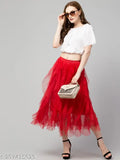 Fruba trendy mesh net flared long frill skirt, solid net fabric with Shantoon lining, three-frill pattern in regular fit. Net skirt size 26/waist 26in, length 35in; also available in sizes 28, 30, 32, 34, and 36. Made in India