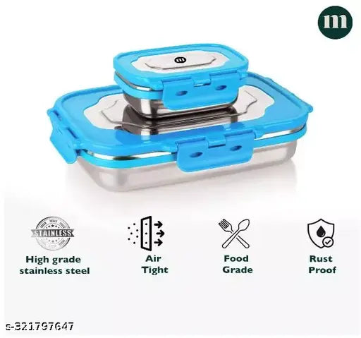 Brezzo Stainless Steel Lunch Box || Airtight and leakproof || Used for School, offices, trips || Green color (650 ml, 150 ml capacity)