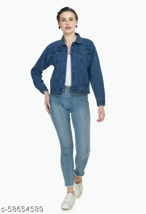 Blue denim jacket, 100% genuine, women's fit for casual style, short sleeves, solid pattern, L size (bust 36in, length 20in), from Fit2Go India