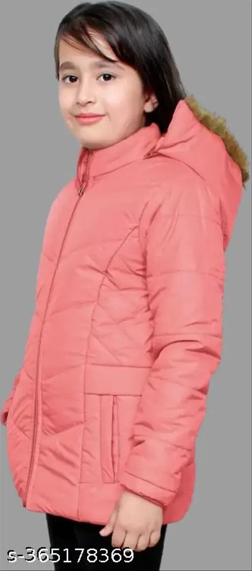 Pink and black padded children's winter jacket with hood