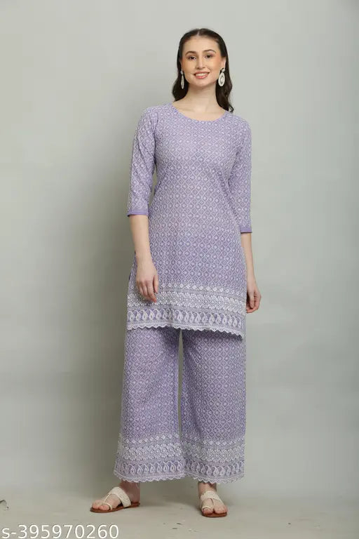 Purple chicken kurta with palazzo, printed net, cotton fabric for women, three-quarter sleeves, India origin