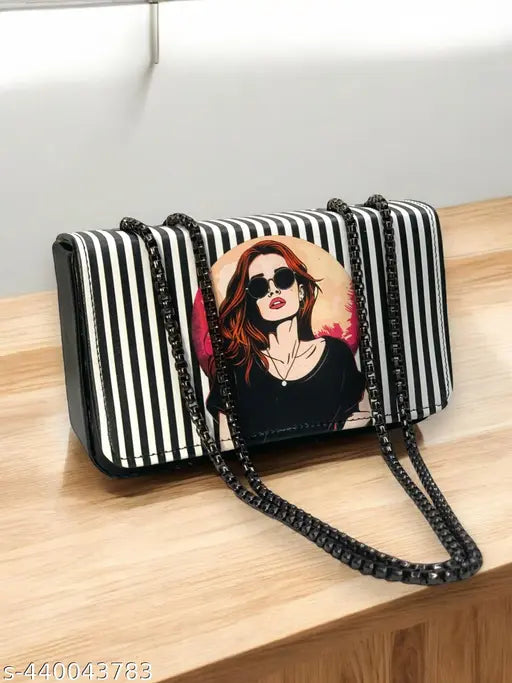 Woman, sunglasses, black and white striped purse