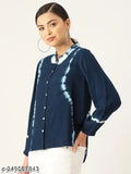 Blue dyed/washed viscose rayon frill neck loose fit shirt with three-quarter sleeves, versatile clothing piece on hanger