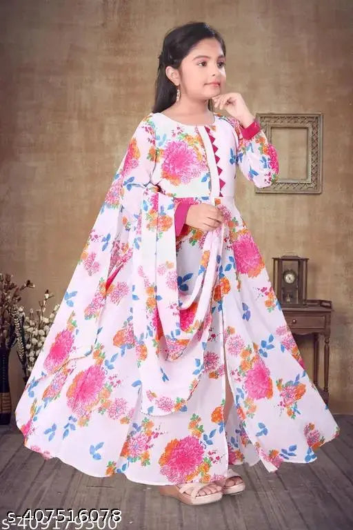 Aaliyageorgette printed net gown, long sleeves, size 9-10 years, super net fabric