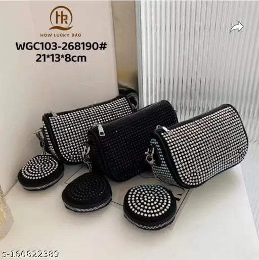 Black, polka dot, women's sling bag with multiple pockets