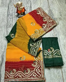 Multicolored traditional bandhani georgette saree with intricate peacock zari embroidery, fine details