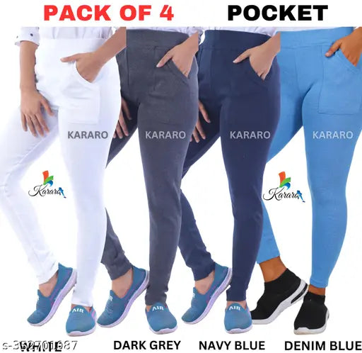 Cotton blend KARARO women's pocket jeggings - pack of 4, hoseisry cotton waste recycled and lightweight