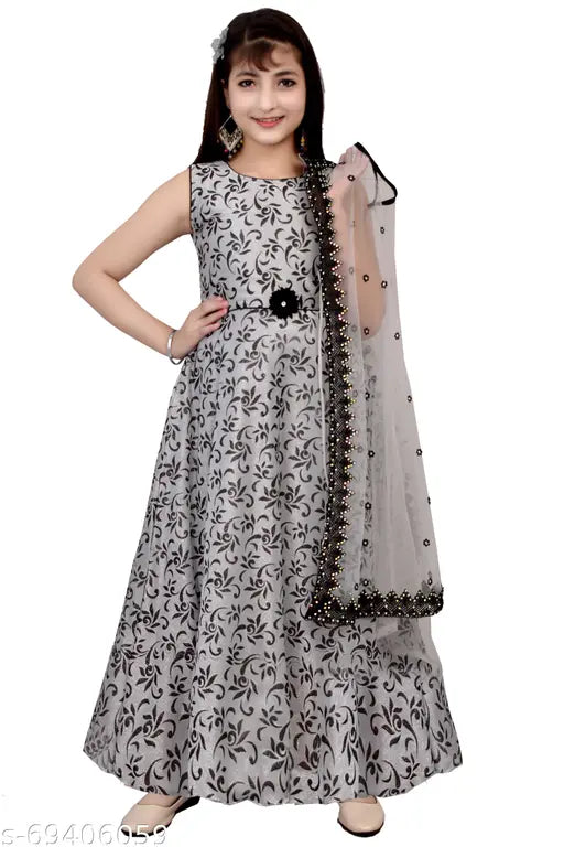 Grey silk ethnic gown for girls, sleeveless printed net dress, daily wear or occasion, Indian design, 3-16 years sizes