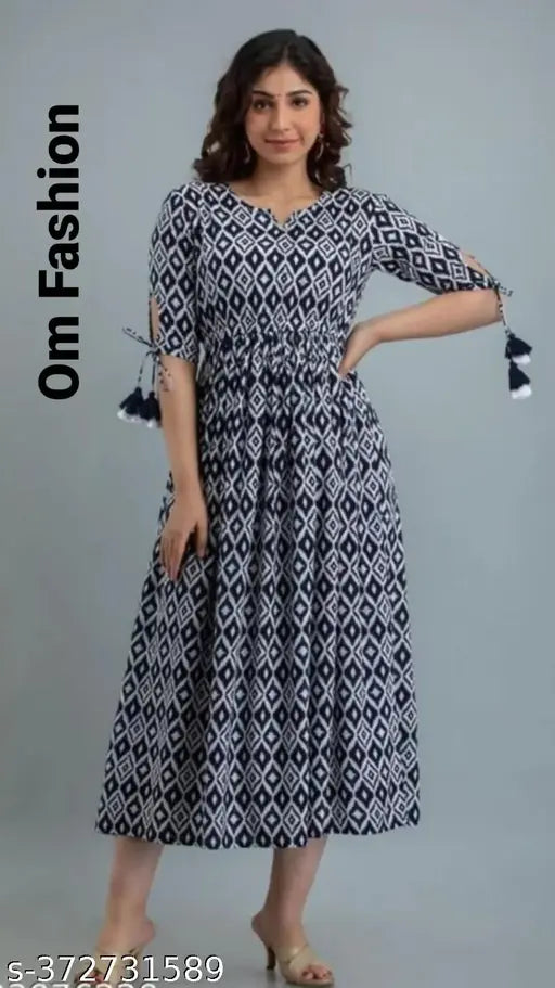 Celestial Blue Rayon Maxi Dress with Three-Quarter Sleeves, Printed Combo. Versatile formal wear from India." (124 characters)