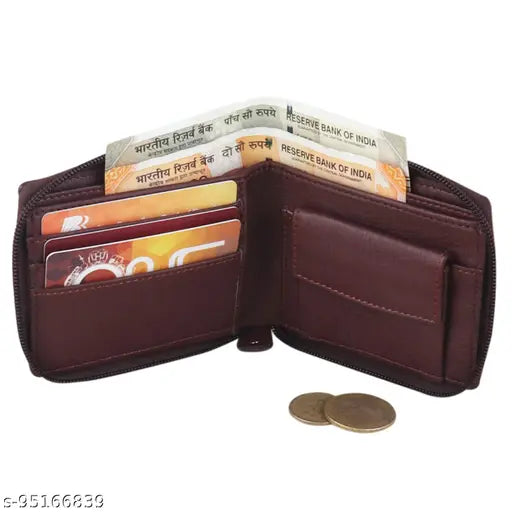 Brown artificial leather men's wallet, regular size with 4 card slots, solid pattern, free size (9cm x 11cm), zip closure. Made in India