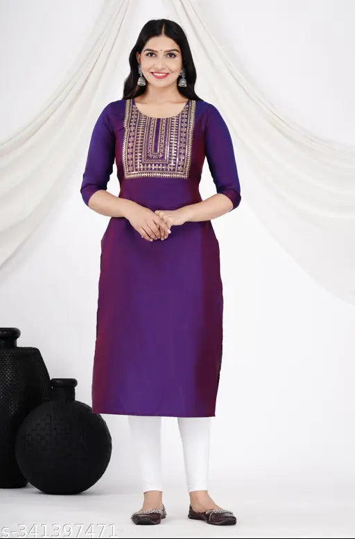 Art Silk embroidered kurta with three-quarter sleeves, new stylish sequin work on A-line straight silhouette for women, India origin