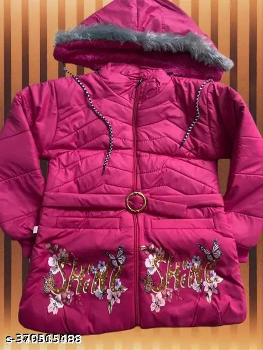 Pink girls puffy coat with butterflies and sequin detailing