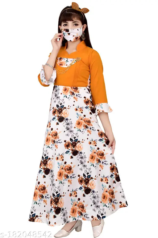 Orange, floral print traditional Korean dress, sleeveless, knee-length