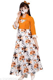 Orange, floral print traditional Korean dress, sleeveless, knee-length