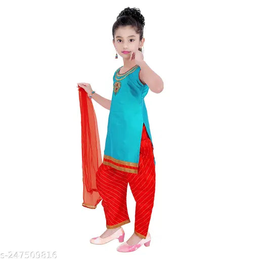 Embellished poly silk A-line kurta set for kids, patiala bottom, suitable for all seasons, India origin