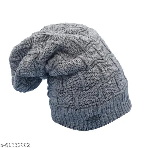 Grey woolen unisex knitted beanie cap set with neck warmer - 3 pieces, warm winter accessory for men & women