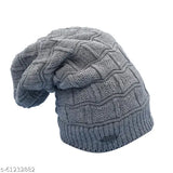 Grey woolen unisex knitted beanie cap set with neck warmer - 3 pieces, warm winter accessory for men & women