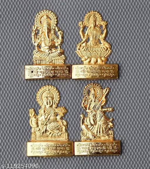 Brass metal Hindu deity combo (Laxmi Mata, Ganesh Ji, Lord Kuber, Saraswati Mata) for pooja and mandir, size 7 cm height