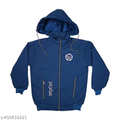A blue full-sleeve hooded sweatshirt with a colorblock design for boys, featuring zip closure and a drawstring at the hood