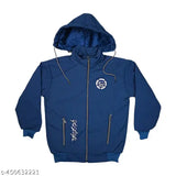 A blue full-sleeve hooded sweatshirt with a colorblock design for boys, featuring zip closure and a drawstring at the hood