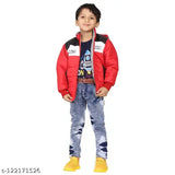Boy in red and black jacket standing against white background