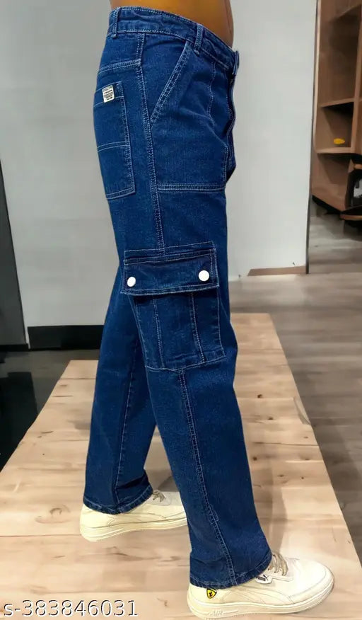 Stylish multi-pocket denim cargo jeans for men, black, solid construction with multiple pockets, durable wear for outdoor or casual use
