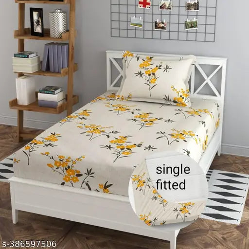 Glace cotton, soft and attractive fitted bedsheet with one pillow cover. Botanical pattern, perfect for adult summer use