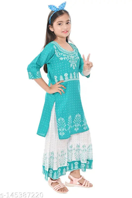 Printed rayon kurti sharara set for girls, A-line top with three-quarter sleeves and sharara bottom. Perfect for upcoming festivals and versatile mix-and-match style. India origin