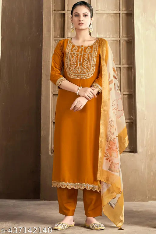 Orange chiffon kurta and pants set for women, embroidered in gold with matching dupatta