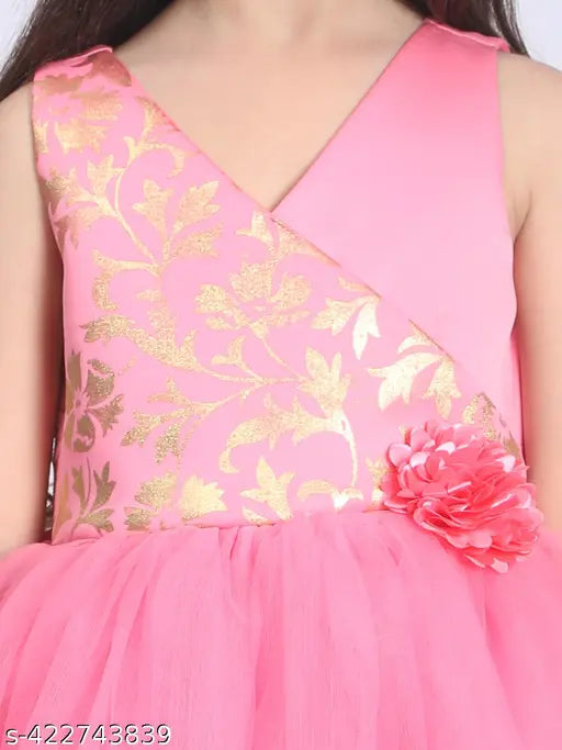 Hot pink party dress with gold trim and floral appliqué for girls