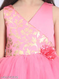 Hot pink party dress with gold trim and floral appliqué for girls