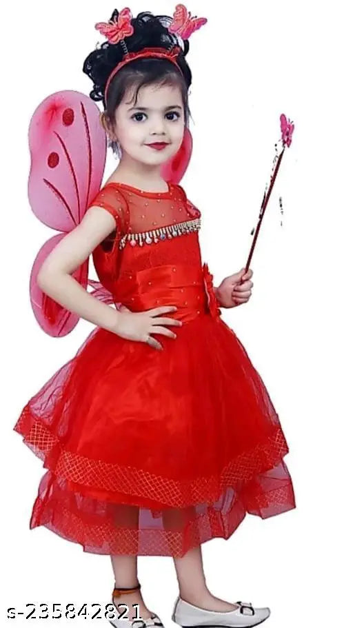 Red party dress with butterfly accessory