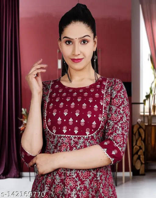 Red Wine Rayon Anarkali Kurta with Sequins & Printed Combo, trendy flared design for partywear
