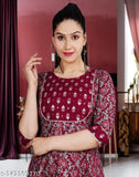Women's Rayon Trendy Printed Flared Anarkali Kurta, ALine Kurta with Sequence Work, for Partywear and Formal Events. Red WineGown Designer Printed Long Kurti Dress