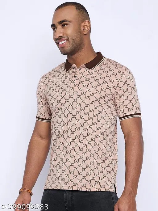 Austin Wood men's peach checks cotton blend t-shirt, short sleeves, printed pattern on chest area