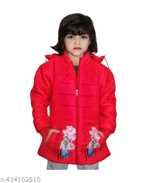 Red hooded jacket, soft cozy fabric, cute design winter wear for baby girls