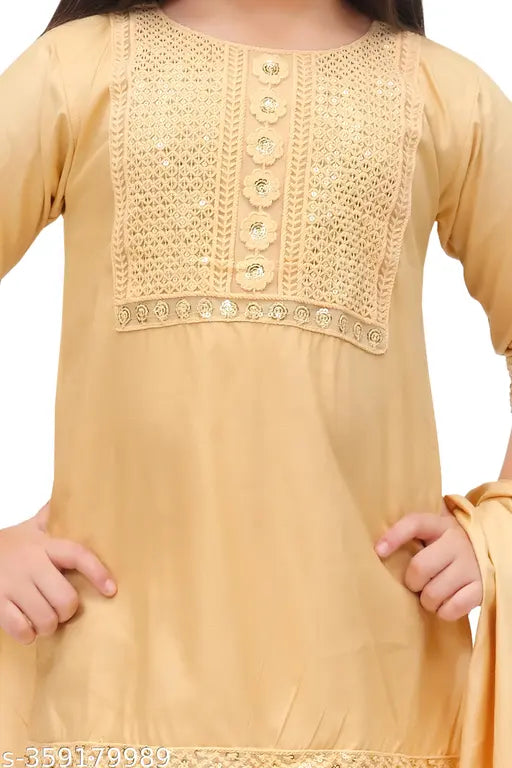 Kids cotton blend A-line kurta pajama with dupatta, solid pattern, long sleeves, sizes 12-18 months to 10 years. India-made traditional kids' clothing