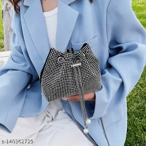 Rhinestone embellished bucket bag, ladies shoulder handbag with chain strap