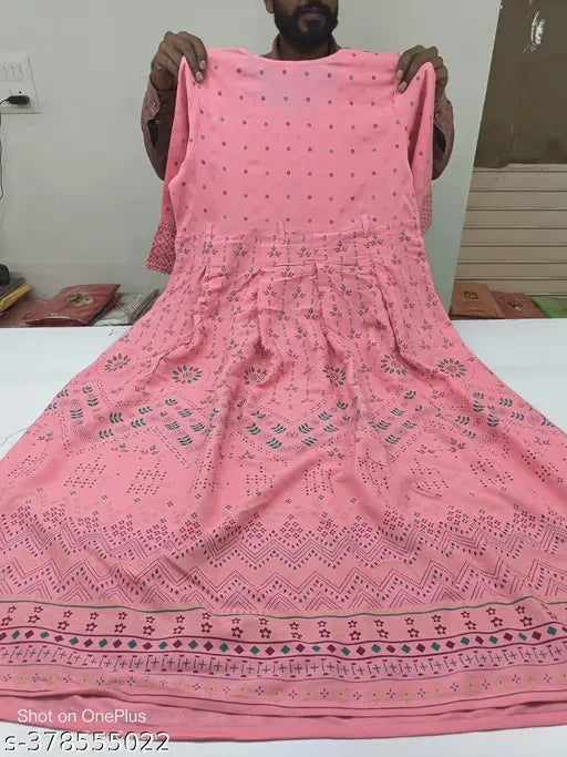 Printed pink embroidered rayon anarkali flared kurti, three-quarter sleeves, size options available for girls and women